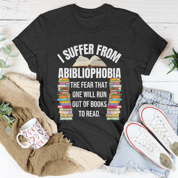 Abibliophobia Funny Reading Book Lover Bookworm Reader Nerd Cool Gift Unisex T-Shirt Unique Gifts