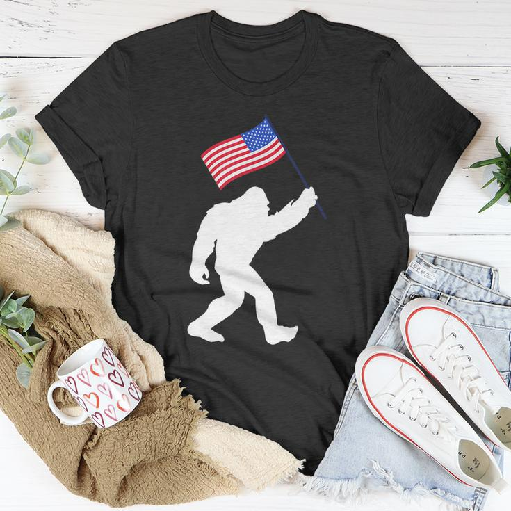 Bigfoot With American Flag Funny 4Th Of July Meaningful Gift Unisex T-Shirt Unique Gifts