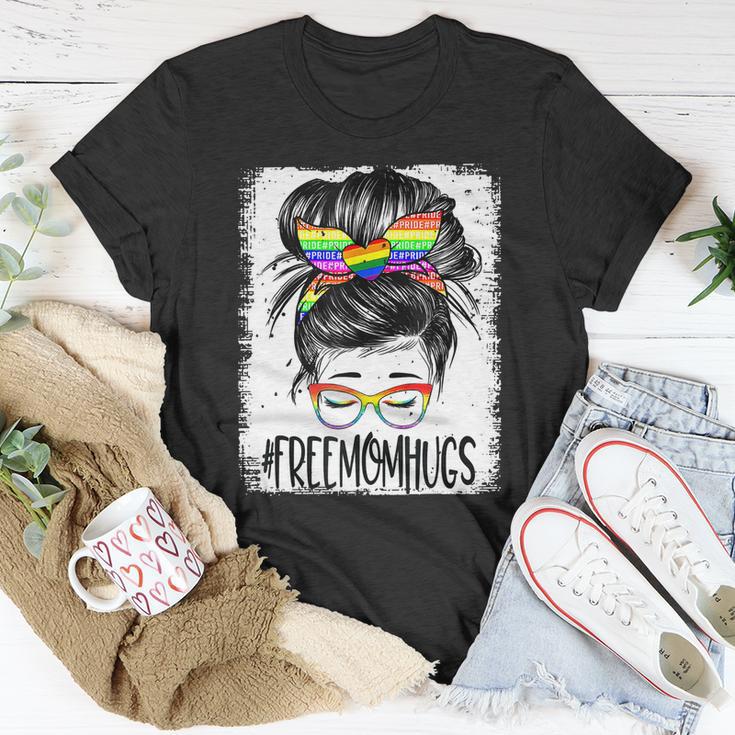 Bleached Free Mom Hugs Messy Bun Lgbt Pride Rainbow Gift Unisex T-Shirt Unique Gifts