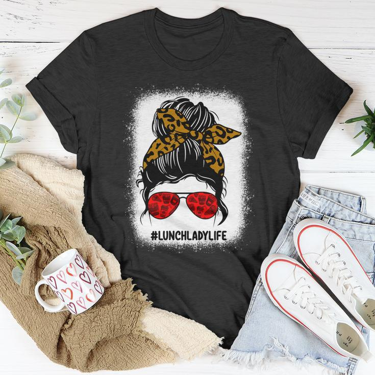 Bleached Lunch Lady Messy Bun Hair Leopard Print Sunglasses Cool Gift Unisex T-Shirt Unique Gifts