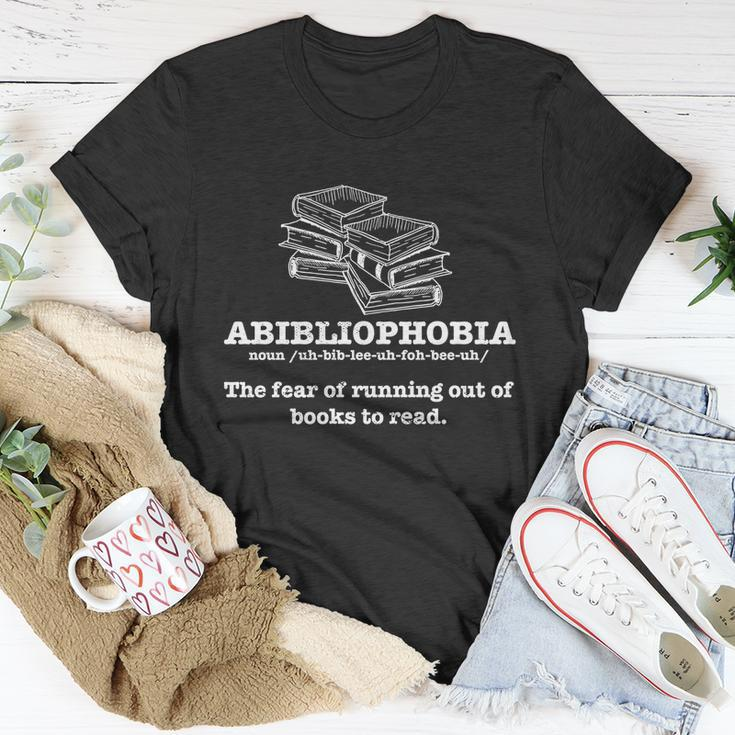Book Lover Reading I Bookworm Dictionary I Abibliophobia Gift Unisex T-Shirt Unique Gifts