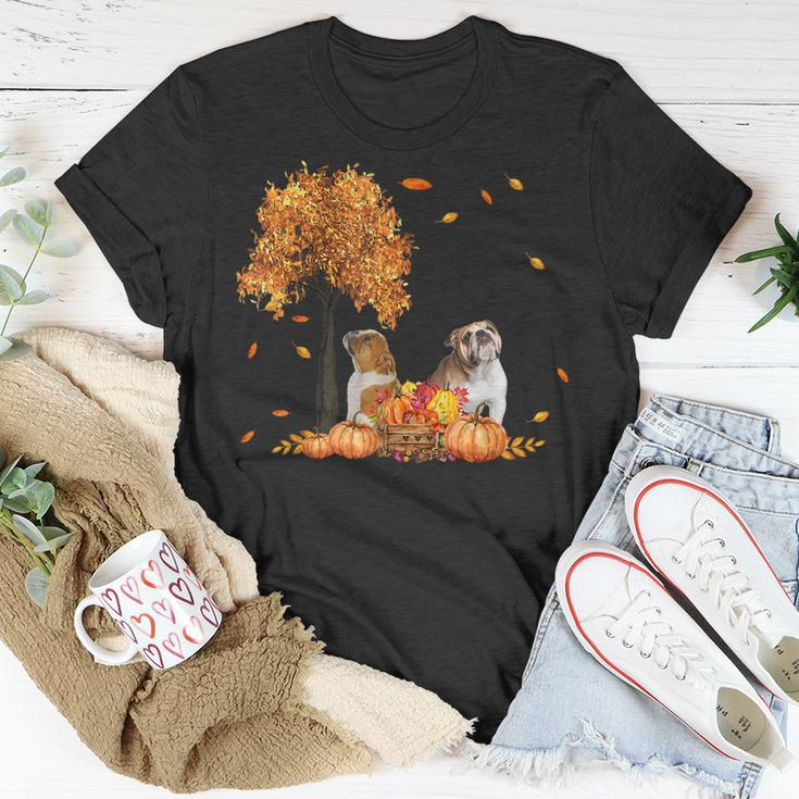 Bulldog Autumn Leaf Fall Dog Lover Thanksgiving Halloween Unisex T-Shirt Funny Gifts