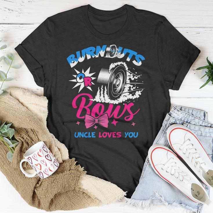 Burnouts Or Bows Gender Reveal Baby Party Announce Uncle Unisex T-Shirt Unique Gifts