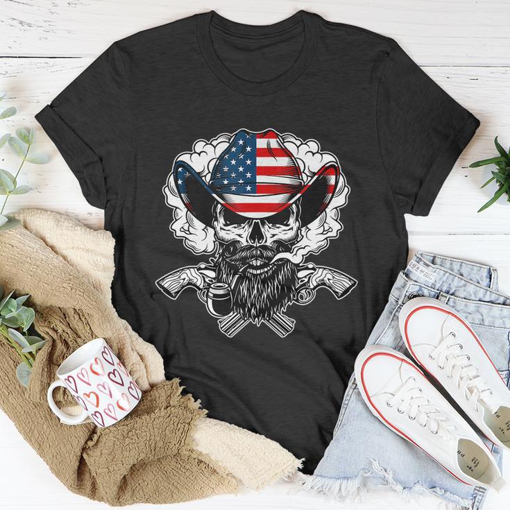 Cool Sugar Skull Cowboy Hat American Flag 4Th Of July Unisex T-Shirt Unique Gifts