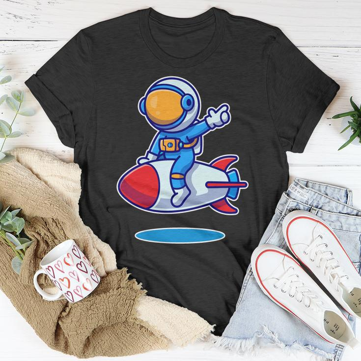 Cute Astronaut On Rocket Cartoon Unisex T-Shirt Unique Gifts