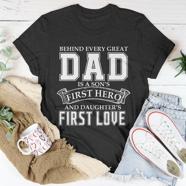 Dad A Sons Hero A Daughters First Love Fathers Day Cool Gift Unisex T-Shirt Unique Gifts