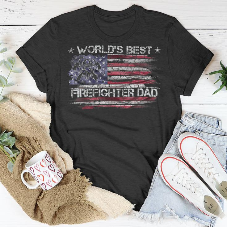 Firefighter Vintage Usa American Flag Worlds Best Firefighter Dad Funny Unisex T-Shirt Funny Gifts