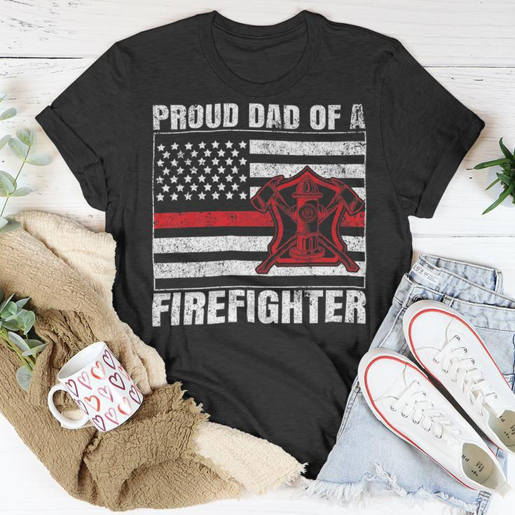 Firefighter Vintage Usa Flag Proud Dad Of A Firefighter Fathers Day Unisex T-Shirt Funny Gifts