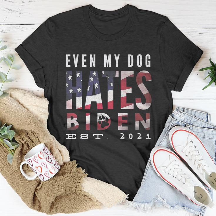 Funny Anti Biden Even My Dog Hates Biden Biden Sucks Anti Biden Usa Flag Unisex T-Shirt Unique Gifts