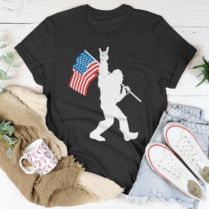 Funny Bigfoot 4Th Of July Rock And Roll Usa Flag For Sasquatch Believers Unisex T-Shirt Unique Gifts