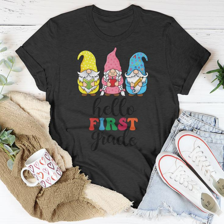 Hello First Grade School Gnome Teacher Students Graphic Plus Size Premium Shirt Unisex T-Shirt Unique Gifts