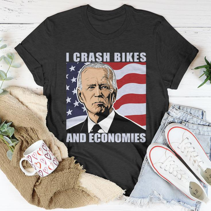 I Crash Bikes And Economies America Flag Funny Biden Unisex T-Shirt Unique Gifts