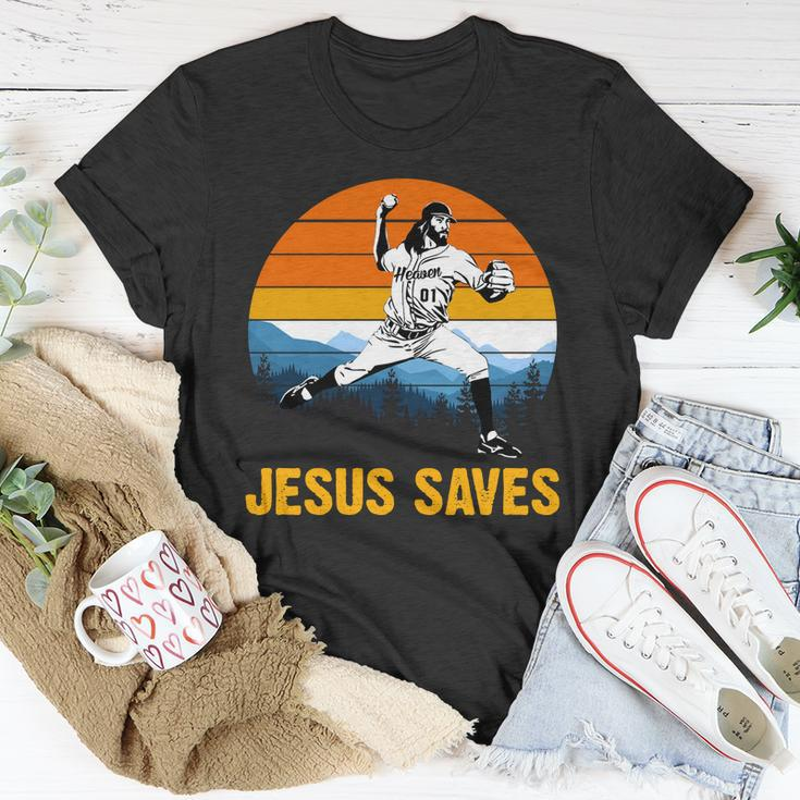 Jesus Saves Retro Baseball Pitcher Unisex T-Shirt Unique Gifts