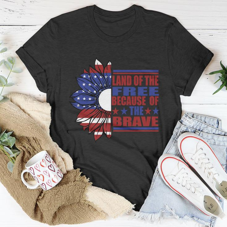 Land Of The Free Because Of The Brave Sunflower America Flag 4Th Of July Unisex T-Shirt Unique Gifts