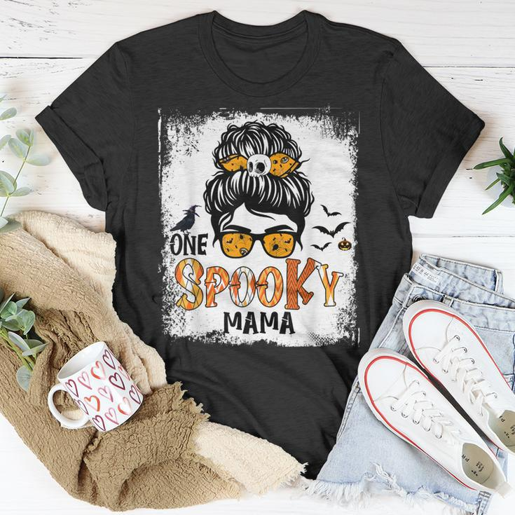 One Spooky Mama For Halloween Messy Bun Mom Monster Bleached V5 Unisex T-Shirt Funny Gifts