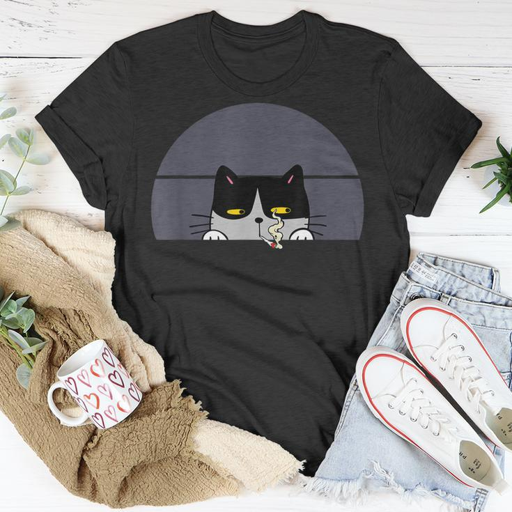 Stoned Black Cat Smoking And Peeking Sideways With Cannabis Unisex T-Shirt Funny Gifts