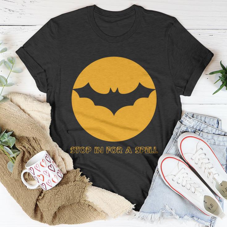 Stop In For A Spell Bat Halloween Quote Unisex T-Shirt Unique Gifts