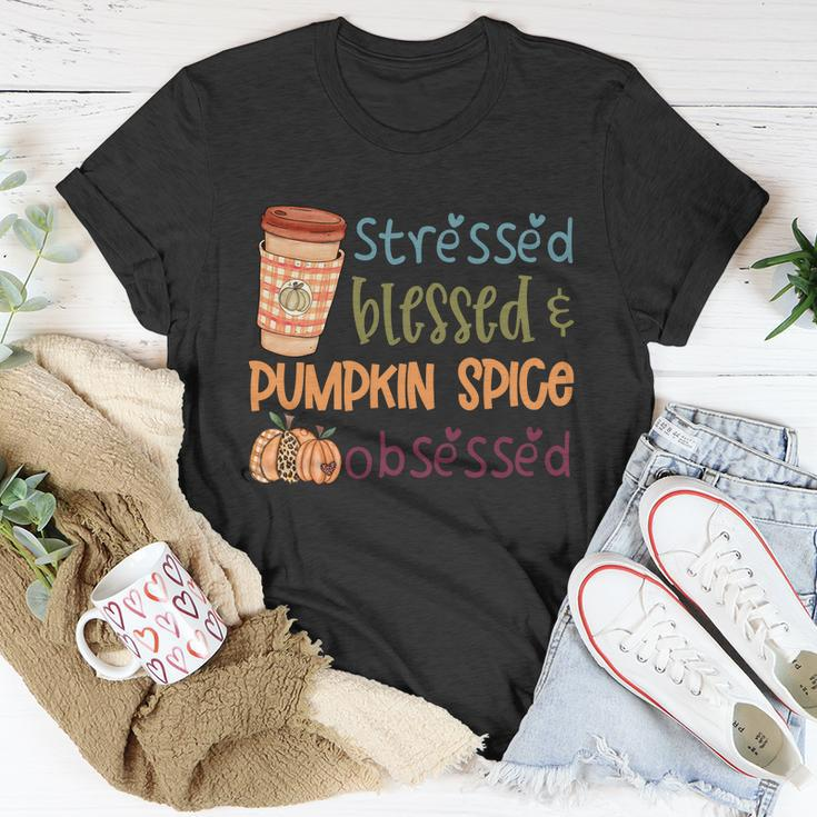 Stressed Blessed Pumpkin Spice Obsessed Thanksgiving Quote V3 Unisex T-Shirt Unique Gifts