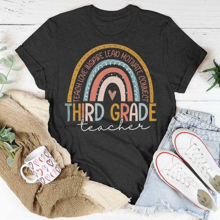 Third Grade Teacher Teach Love Inspire Boho Rainbow Unisex T-Shirt Funny Gifts
