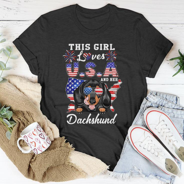 This Girl Loves Usa And Her Dog 4Th Of July Dachshund Dog Unisex T-Shirt Unique Gifts