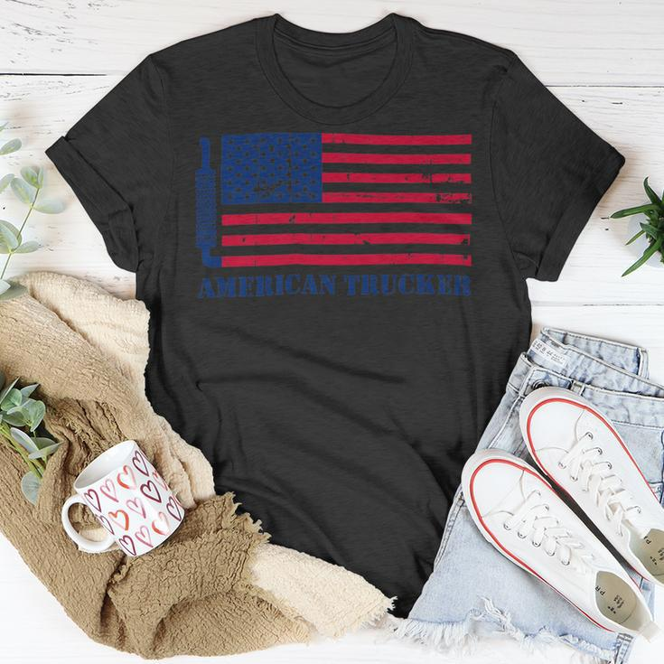 Trucker Truck Driver American Flag With Exhaust American Trucker Unisex T-Shirt Funny Gifts