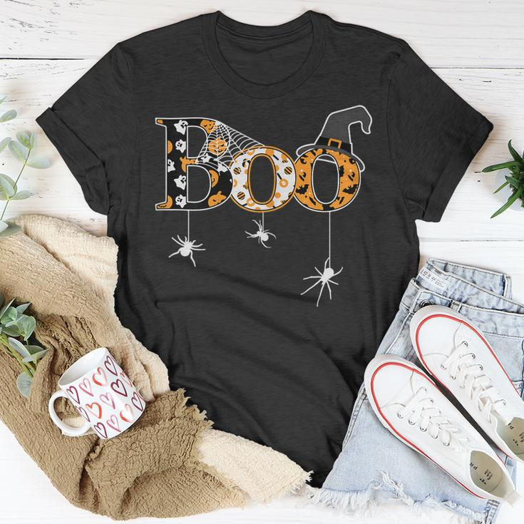 Womens Halloween Spider Web Witch Hat Cute Boo Unisex T-Shirt Funny Gifts