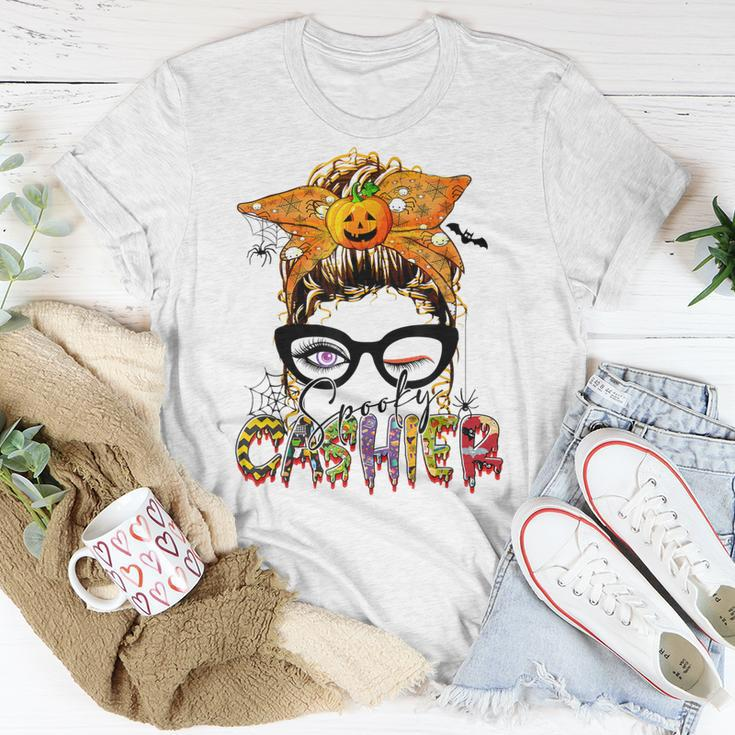 Halloween Spooky Cashier Messy Bun Glasses Spooky Unisex T-Shirt Funny Gifts