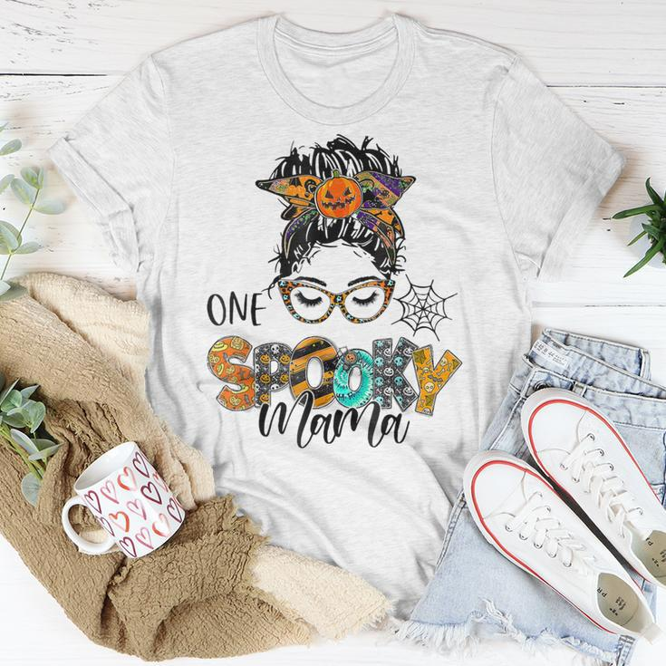 One Spooky Mama For Halloween Messy Bun Mom Monster Bleached Unisex T-Shirt Funny Gifts