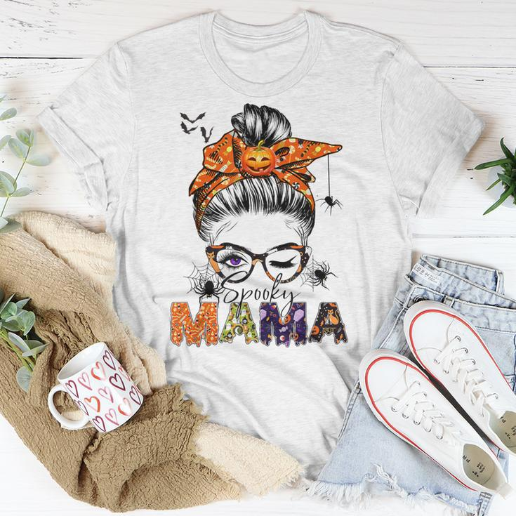 One Spooky Mama For Halloween Messy Bun Mom Monster Bleached V2 Unisex T-Shirt Funny Gifts