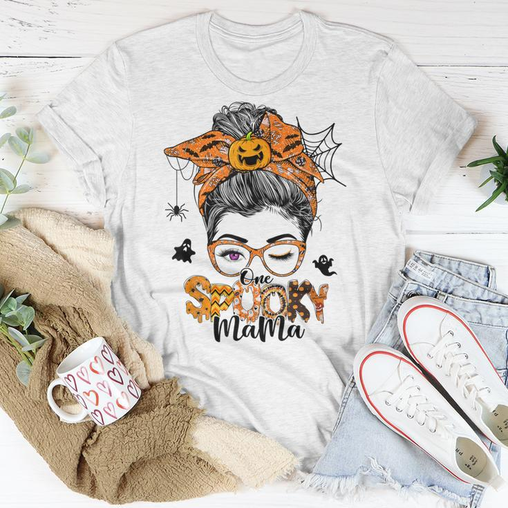 One Spooky Mama For Halloween Messy Bun Mom Monster Bleached V3 Unisex T-Shirt Funny Gifts
