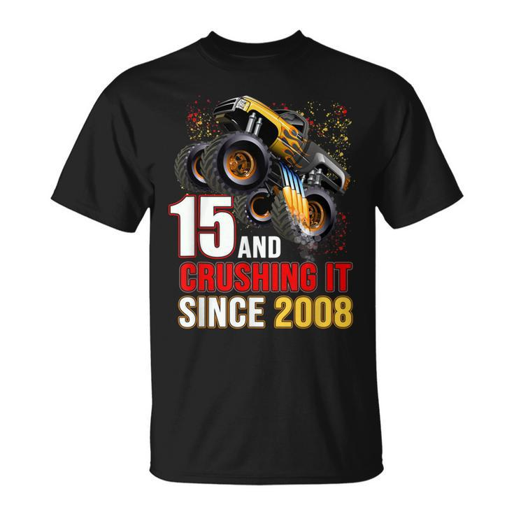 15 Crushing It Since 2008 Monster Truck 15Th Birthday Boys V3 T-shirt