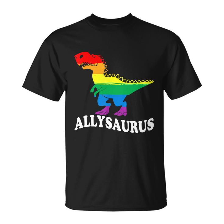 Allysaurus Dinosaur In Rainbow Flag For Ally Lgbt Pride Unisex T-Shirt ...