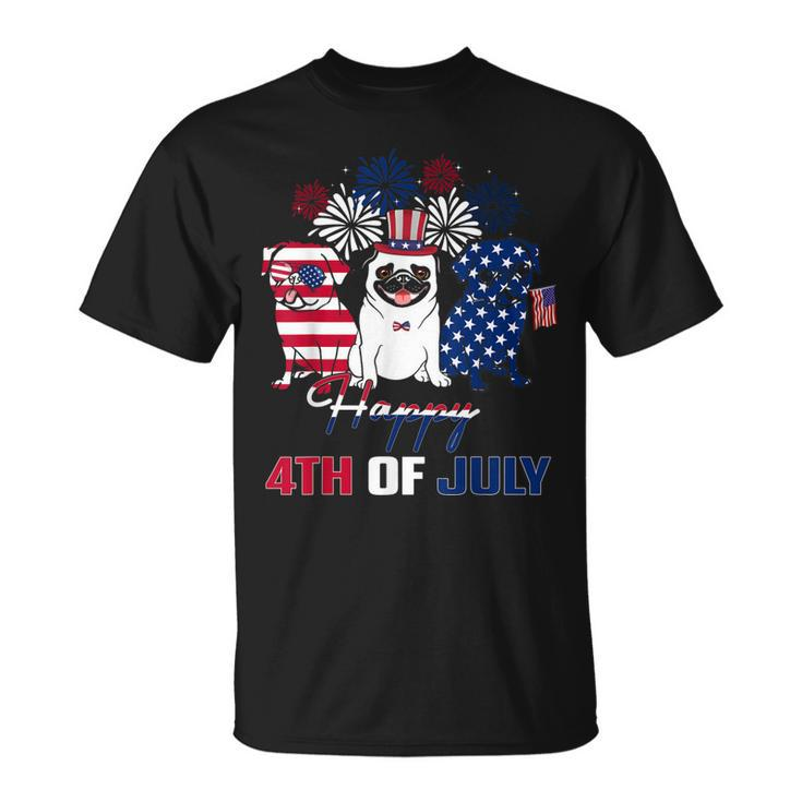 4Th July American Flag Three Red White Pug Blue Firework  Unisex T-Shirt