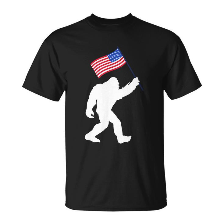 Bigfoot With American Flag Funny 4Th Of July Meaningful Gift Unisex T-Shirt