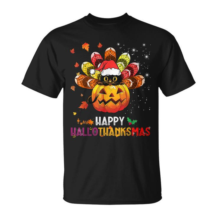 Black Cat Halloween And Merry Christmas Happy Hallothanksmas  Unisex T-Shirt