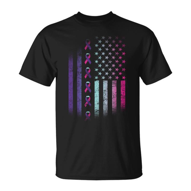 Blue Pink Teal Ribbon Flag Thyroid Cancer Awareness Unisex T-Shirt