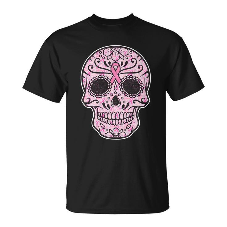 Breast Cancer Sugar Skull Day Of The Dead Dia De Los Muertos Unisex T-Shirt