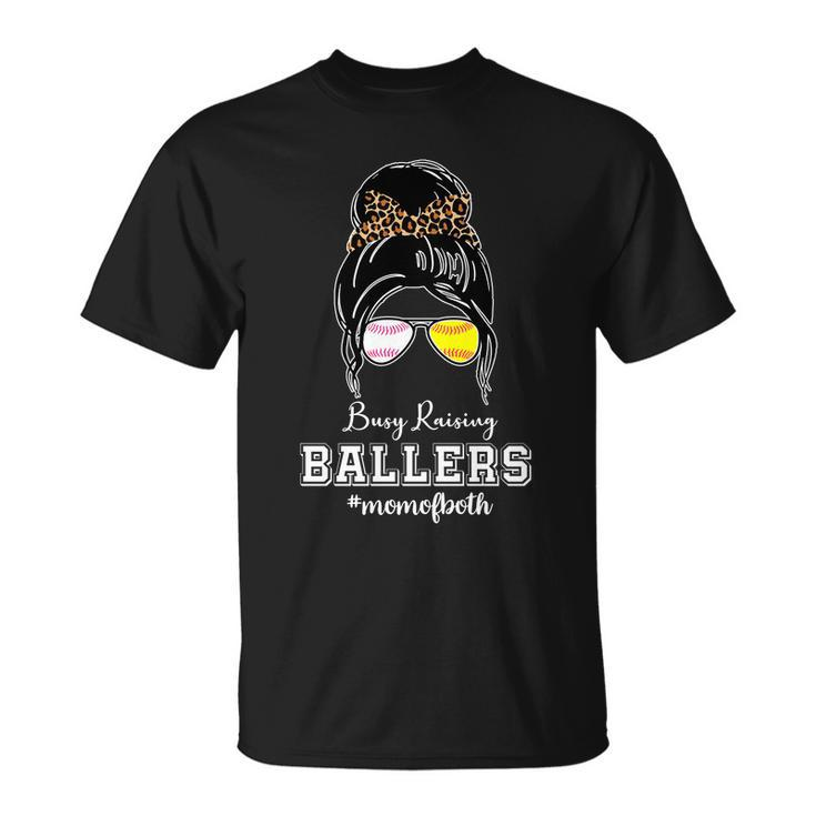 Busy Raising Ballers Mom Of Both Baseball Softball Messy Bun Sticker Features De Unisex T-Shirt