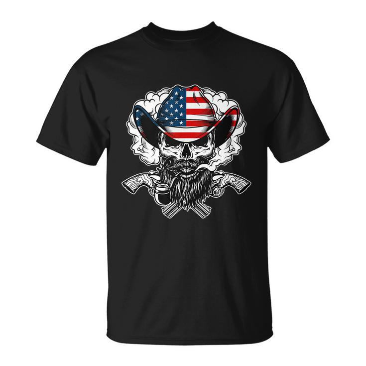 Cool Sugar Skull Cowboy Hat American Flag 4Th Of July Unisex T-Shirt