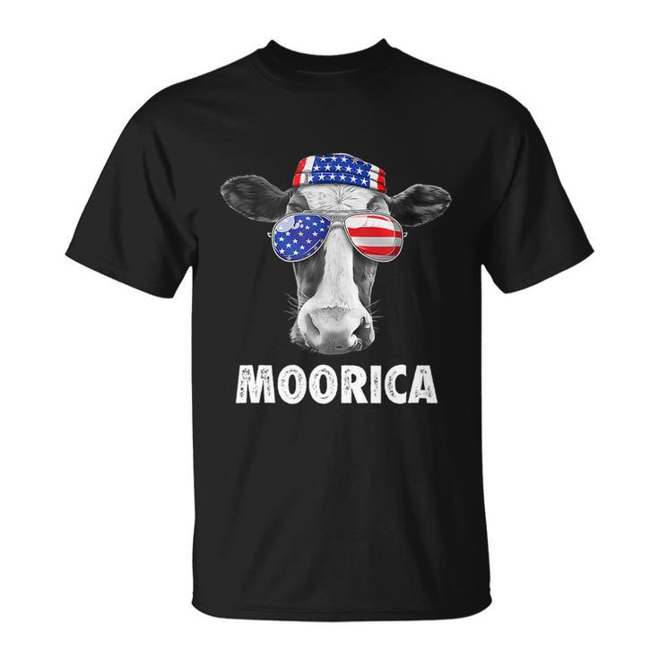 Cow 4Th Of July Moorica Merica Men American Flag Sunglasses Unisex T-Shirt