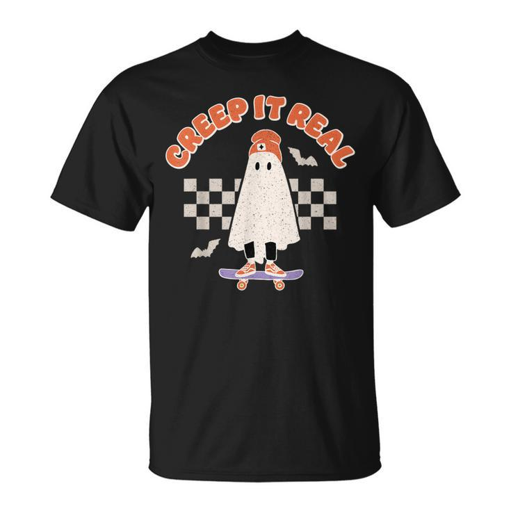 Creep It Real Ghost Skateboard Halloween Bat Checkered Sk8r T-shirt