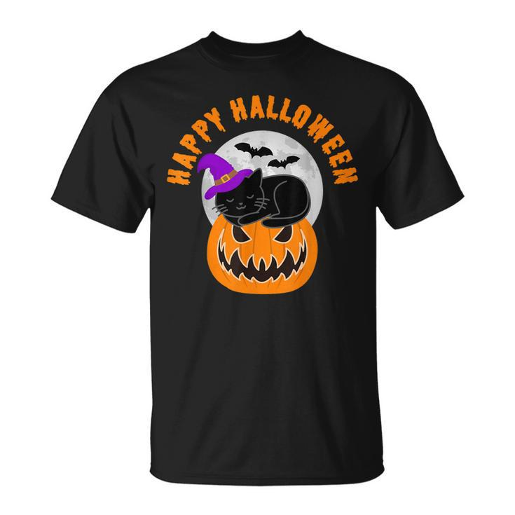 Cute Black Cat Witch Scary Pumpkin Happy Halloween  Unisex T-Shirt