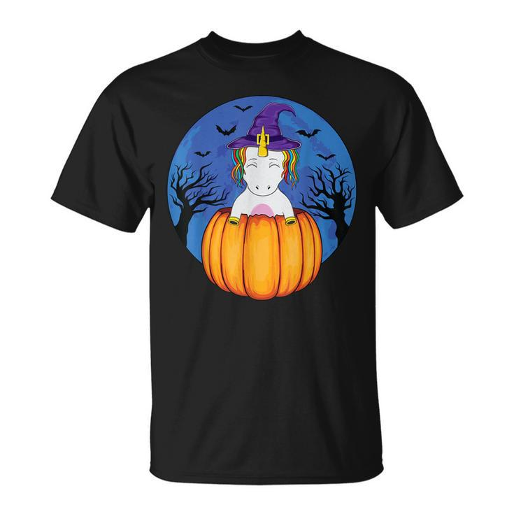 Cute Unicorn Wearing Witch Hat Halloween Pumpkin Girls Kids  Unisex T-Shirt