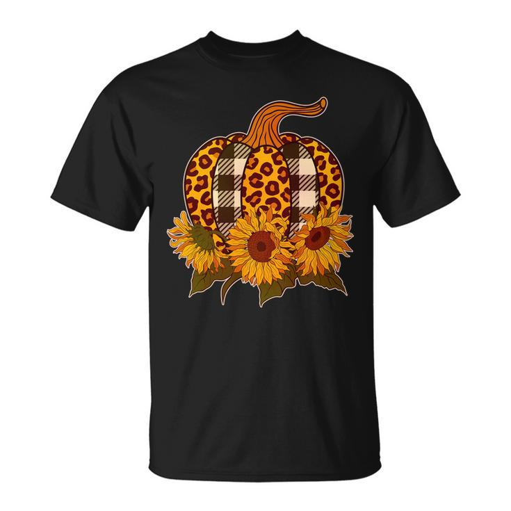 Fashion Autumn Leopard Buffalo Plaid Pumpkin T-Shirt