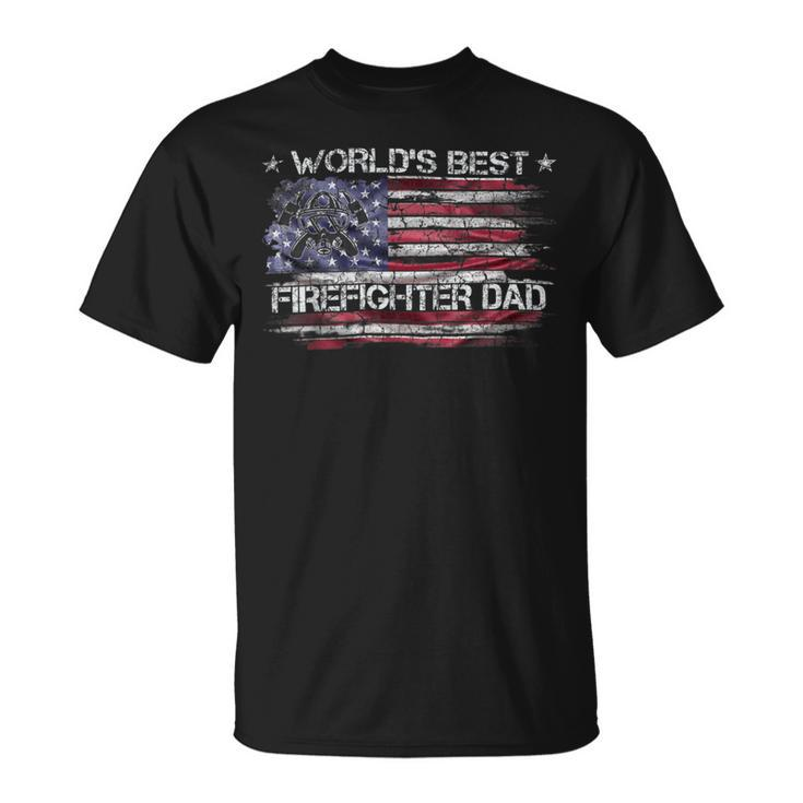 Firefighter Vintage Usa American Flag Worlds Best Firefighter Dad Funny Unisex T-Shirt