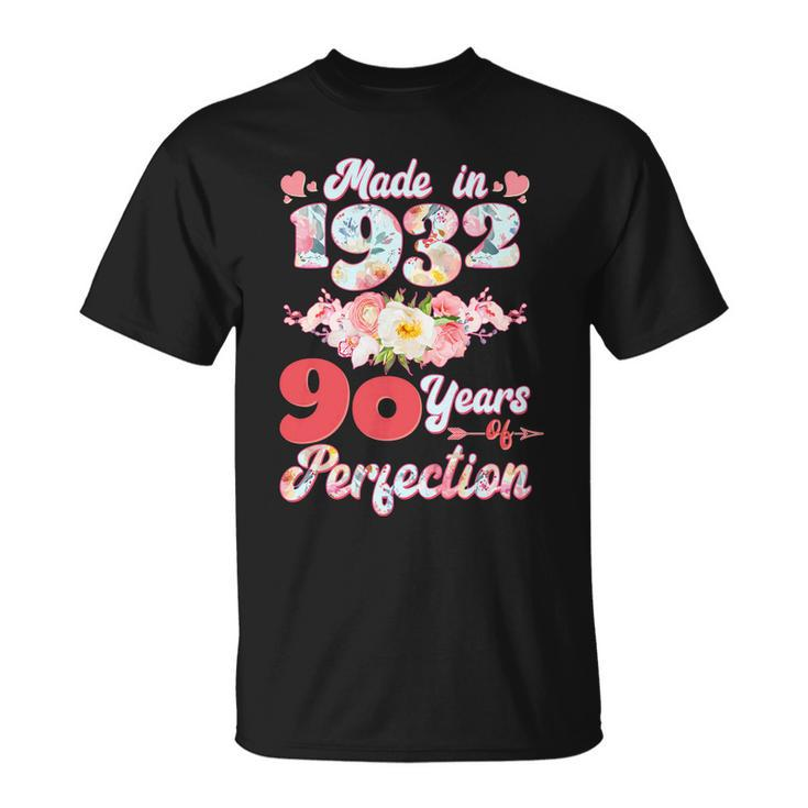 Flower Floral Made In 1932 90 Years Of Perfection 90Th Birthday T-Shirt