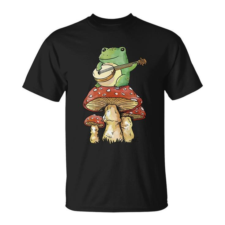Frog Playing Banjo On Mushroom Cute Cottagecore Aesthetic Unisex T-Shirt