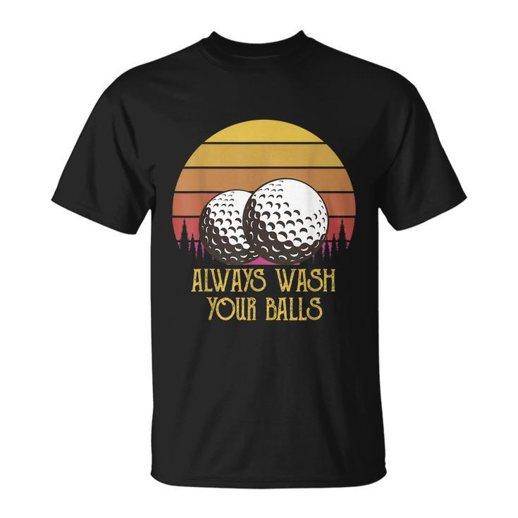 Funny Adult Humor Retro Sunset Golf Always Wash Your Balls Unisex T-Shirt