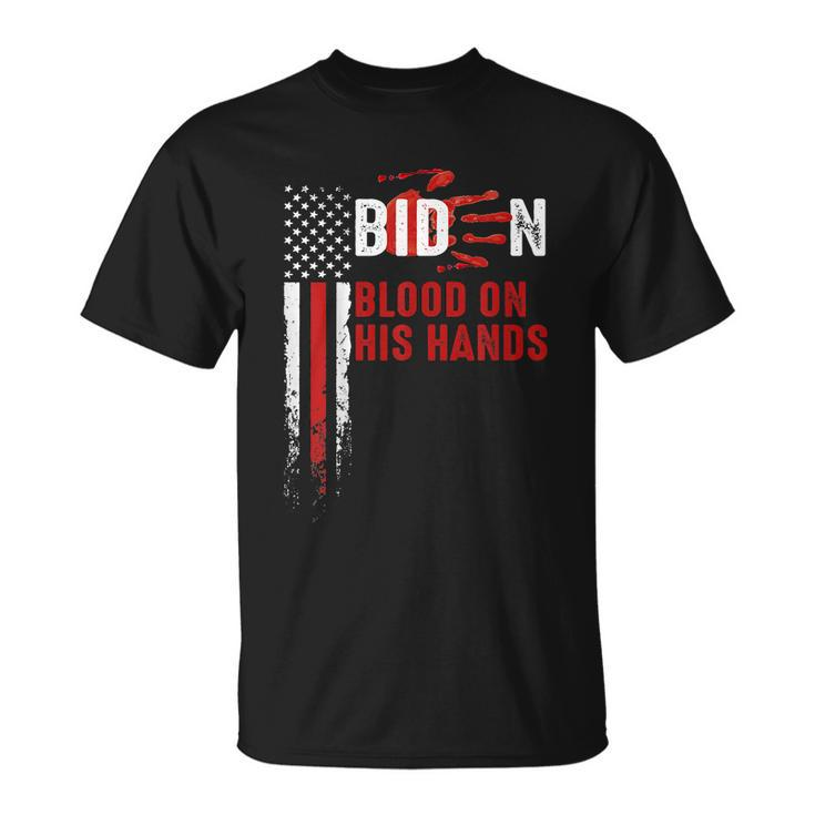 Funny Anti Biden Blood On His Hands Anti Joe Biden Bloody Handprint Usa Flag Unisex T-Shirt