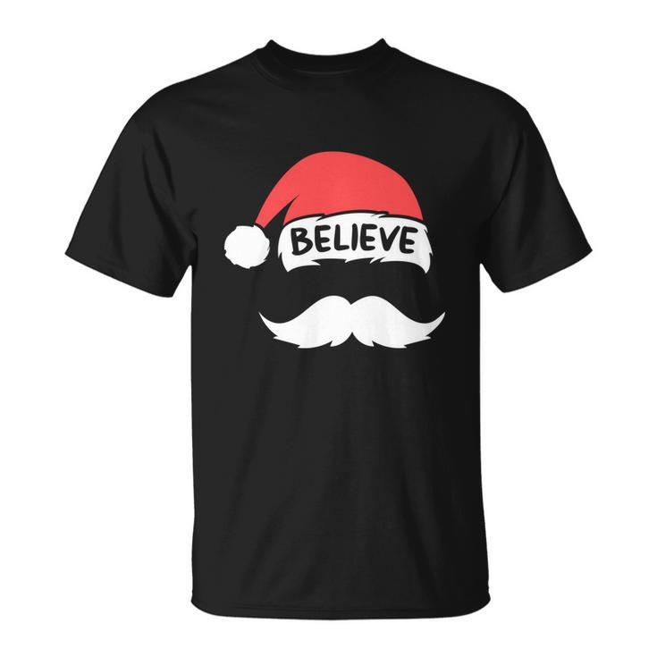 Funny Believe Santa Hat White Mustache Kids Family Christmas Unisex T-Shirt